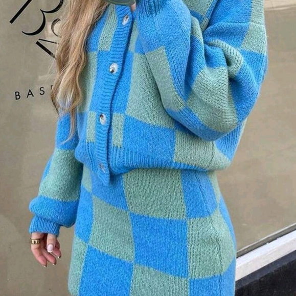 2pcs Women Casual Checkerboard Cardigan And Knitted Skirt Set, Autumn - Picture 3 of 3